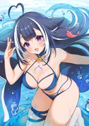 1girl :d ahoge air_bubble bikini black_hair blue_bikini blue_collar blue_nails breasts bubble cetacean_tail cleavage collar fins fish_tail heart heart_ahoge highres indie_virtual_youtuber large_breasts long_hair multicolored_hair open_mouth shylily shylily_(bikini) smile solo streaked_hair swimsuit tail underwater virtual_youtuber white_hair yenkoes