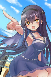 1girl :d armpits black_hair black_hairband blue_capelet blue_choker blue_dress blue_sky blush bone_hair_ornament breasts capelet choker cleavage collarbone commentary_request day dress feet_out_of_frame floating_hair foreshortening frilled_capelet frilled_dress frills hair_between_eyes hair_ornament hairband happy highres index_finger_raised kushima_kamome large_breasts long_hair looking_at_viewer nemona ocean open_mouth outdoors outstretched_arm pointing pointing_forward sitting skull_and_crossbones skull_hair_ornament sky sleeveless sleeveless_dress smile solo summer_pockets very_long_hair yellow_eyes