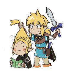 1boy 1girl bettykwong blonde_hair blue_shirt blush_stickers comb cutting_hair fingerless_gloves furrowed_brow gloves hair_brush holding holding_magazine holding_own_hair holding_sword holding_weapon link magazine_(object) master_sword nintendo pointy_ears princess_zelda shirt sidelocks sweat sword the_legend_of_zelda the_legend_of_zelda:_breath_of_the_wild the_legend_of_zelda:_tears_of_the_kingdom tingle weapon