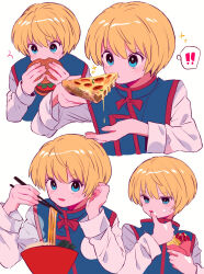 ! !! 1boy androgynous blonde_hair blue_eyes blue_tabard blush burger chopsticks cream cream_on_face crepe eating food food_on_face highres holding holding_burger holding_chopsticks holding_crepe holding_food holding_pizza hunter_x_hunter kurapika licking licking_finger long_sleeves looking_at_another looking_at_viewer male_focus noodles open_mouth pepperoni pepperoni_pizza pizza pizza_slice ramen sanamaru_(sana79261827) shirt short_hair simple_background sparkle tabard white_background white_shirt