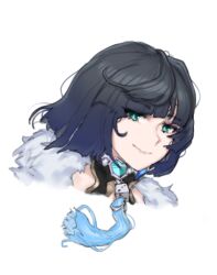 1girl aqua_eyes black_hair dice genshin_impact looking_at_viewer maji-pan short_hair simple_background smile solo white_background yelan_(genshin_impact)