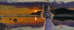 Rule 34 | 1girl, 6+others, absurdres, black hair, colored pencil (medium), dress, expressionless, hat, highres, holding, holding unworn clothes, holding unworn hat, horizon, long hair, multiple others, nekojarashi (yuuga), original, profile, sky, solo focus, sun, sunset, traditional media, twilight, unworn hat, unworn headwear, water