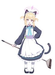 1girl :d absurdres animal_ear_headphones animal_ears apron aqua_bow aqua_bowtie back_bow black_dress black_shoes black_tail blonde_hair blue_archive blunt_bangs blush bow bowtie broom cat_ear_headphones cat_ears cat_tail chinese_commentary collared_dress commentary_request contrast_collar dot_nose dress duochichufanghuashengmi fake_animal_ears fake_tail frilled_apron frilled_dress frills full_body halo hand_on_own_hip head_tilt headphones highres holding holding_broom long_sleeves looking_at_viewer maid maid_apron maid_headdress mary_janes mixed-language_commentary momoi_(blue_archive) momoi_(maid)_(blue_archive) official_alternate_costume official_alternate_hairstyle open_mouth pantyhose pink_eyes pink_halo puffy_long_sleeves puffy_sleeves shoes short_hair short_twintails sidelocks simple_background smile solo standing straight-on striped_tail tail tail_raised tareme twintails white_apron white_background white_bow white_headdress white_pantyhose
