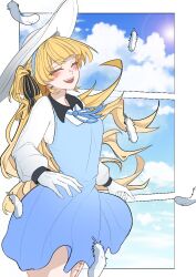 1girl alternate_costume black_bow blonde_hair blue_dress blush bow breasts closed_eyes commentary cowboy_shot dress english_commentary feathers gloves hair_bow hat long_hair long_sleeves medium_breasts nort_muhehehe open_mouth phoebe_(wuthering_waves) shirt smile solo striped_bow tacet_mark_(wuthering_waves) teeth upper_teeth_only very_long_hair white_feathers white_gloves white_hat white_shirt wuthering_waves