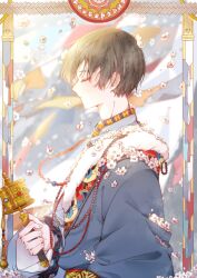 1boy absurdres baihua_er bead_necklace beads black_hair blue_coat chinese_clothes closed_eyes coat dao_mu_bi_ji flower from_side hand_up highres jewelry male_focus necklace prayer_wheel profile short_hair solo string_of_flags tibetan_clothes upper_body white_flower zhang_qiling