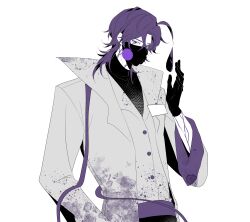 1boy absurdres ahoge buttons chinese_commentary coat collared_coat commentary_request covered_mouth curtained_hair gloves goo_peashooter_(plants_vs._zombies) hand_up high_contrast highres jacket long_sleeves looking_at_viewer male_focus mask medium_hair open_clothes open_coat partially_colored personification plants_vs._zombies plants_vs._zombies_2 poison purple_eyes purple_hair respirator shirt siiiiiiiiiii simple_background solo turtleneck turtleneck_shirt upper_body white_background