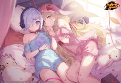 2girls ahoge blurry bow braid choker commentary copyright_name depth_of_field eliisa_(mahjong_soul) english_commentary hair_over_one_eye hair_spread_out headphones highres holding_another&#039;s_wrist indoors kyaroru logo lying mahjong mahjong_soul midriff_peek multiple_girls navel off_shoulder official_art official_wallpaper on_back on_bed on_side pajamas petals pillow purple_eyes purple_hair red_bow sheep sleeping sleepover stuffed_animal stuffed_rabbit stuffed_toy suzumiya_anju tenbou twin_braids yellow_eyes