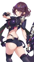 1girl aegis_sword_(xenoblade) alternate_color ass black_gloves black_shorts black_thighhighs bob_cut breasts closed_eyes closed_mouth commentary_request earrings fingerless_gloves from_behind gloves hand_up highres holding holding_sword holding_weapon jewelry large_breasts looking_back matrix16 micro_shorts purple_hair pyra_(xenoblade) short_hair shorts simple_background solo swept_bangs sword thighhighs tiara twisted_torso weapon white_background xenoblade_chronicles_(series) xenoblade_chronicles_2