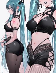 1girl absurdres aqua_eyes aqua_hair arm_tattoo ass belt between_breasts black_belt black_bra black_choker black_garter_belt black_lips black_nails black_pantyhose black_ribbon black_shorts black_sleeves black_wrist_cuffs blush bra breasts character_name chest_harness choker cross cross_earrings cross_facial_mark ear_blush earrings facial_mark fingernails fishnet_pantyhose fishnet_sleeves fishnets garter_belt gradient_ribbon hair_ribbon harness hatsune_miku highleg highres jewelry lace_garter_belt large_breasts long_hair midriff nail_polish navel number_tattoo o-ring o-ring_harness paid_reward_available pantyhose pink_ribbon qiandaiyiyu ribbon shiny_clothes shorts simple_background single_leg_pantyhose solo spiked_choker spiked_wristband spikes stomach strap_between_breasts sweat tattoo thighs torn_ribbon twintails underwear very_long_hair vocaloid white_background wrist_cuffs