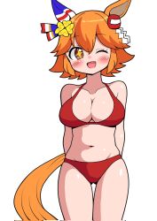 Rule 34 | + +, 1girl, alternate costume, animal ears, bikini, blush, breasts, commentary request, hair between eyes, hair ornament, highres, horse ears, horse girl, horse tail, looking at viewer, matikanefukukitaru (umamusume), medium breasts, one eye closed, open mouth, orange eyes, orange hair, simple background, sodeshita marshmallow, solo, swimsuit, tail, umamusume, white background
