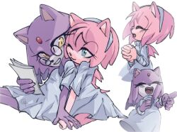 2girls alien_stage alternate_costume alternate_hairstyle amy_rose animal_ears blaze_the_cat blue_eyes blush cat_ears chickuito dress forehead_jewel furry furry_female glasses headband highres hug multiple_girls one_eye_closed open_mouth paper round_eyewear smile sonic_(series) tagme white_background white_dress white_headband yuri