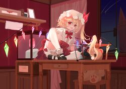 Rule 34 | 1girl, absurdres, alternate costume, antique phone, bat ornament, blonde hair, bloomers, book, bow, box, buttons, chair, crime xiaolun, cross in eye, crystal wings, curtains, desk, drawer, flandre scarlet, gem, hat, highres, indoors, leg up, long hair, mary janes, mob cap, multicolored wings, night, on desk, open window, phone, picture frame, red background, red bow, red eyes, red gemstone, red ribbon, red skirt, ribbon, rotary phone, shirt, shoes, shooting star, side ponytail, sign, sitting, skirt, smile, solo, stuffed animal, stuffed toy, table, teddy bear, touhou, tower, underwear, white hat, white shirt, window, wings, wooden table