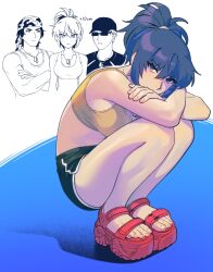 00a3af_231 1girl 2boys bandana bare_shoulders baseball_cap blue_eyes blue_hair clark_still crossed_arms dog_tags earrings hat highres jewelry leona_heidern mature_male multiple_boys platform_sandals ponytail ralf_jones red_sandals sandals squatting sunglasses tank_top the_king_of_fighters yellow_tank_top