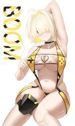 1girl :3 ahoge arm_behind_head arm_up armpits black_choker blonde_hair blunt_bangs blush breasts choker cleavage_cutout closed_mouth clothing_cutout colored_inner_hair commentary elegg_(boom_and_shock)_(nikke) elegg_(nikke) fang feet_out_of_frame game_controller_nipples_(meme) game_controller_print goddess_of_victory:_nikke hair_intakes hair_over_eyes hashtag-only_commentary heart_cutout highres knee_pads large_breasts long_bangs looking_at_viewer meme multicolored_hair navel official_alternate_costume purple_eyes rabbit_choker see-through_slingshot_swimsuit short_hair simple_background single_knee_pad sitting slingshot_swimsuit smile solo swimsuit tada_(pixiv41160771) white_background yellow_slingshot_swimsuit
