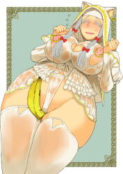 1girl ameyama_denshin animal_ears animal_hood banana blush bow breasts cat_ears cat_hood closed_eyes clothing_cutout colored_eyelashes earrings flying_sweatdrops food fruit grey_hair hair_bow heart_cutout highres hood huge_breasts huge_nipples jewelry large_breasts long_hair nipple_cutout nipple_piercing nipple_rings nippleless_clothes nipples open_mouth original piercing puffy_nipples see-through_clothes smile solo thick_thighs thighhighs thighs white_thighhighs