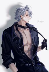 1boy antenna_hair artist_name belt black_belt black_choker black_gloves black_shirt blue_eyes choker collared_shirt earclip gloves half_gloves highres honkai:_star_rail honkai_(series) male_focus official_alternate_costume omces96 parted_bangs parted_lips pectoral_cleavage pectorals phainon_(fashion)_(honkai:_star_rail) phainon_(honkai:_star_rail) ponytail profile shirt short_hair signature simple_background solo toned toned_male twitter_username white_background white_hair