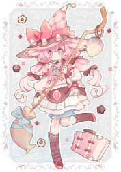 1girl blue_bow blush border bow broom brown_ribbon brown_socks commentary_request dated dress frilled_dress frills full_body green_eyes grey_background hair_ribbon hat hat_bow holding holding_broom long_hair long_sleeves multicolored_eyes original outline outside_border parted_lips pink_bow pink_eyes pink_hair pink_hat puffy_long_sleeves puffy_sleeves red_shoes ribbon shoes signature simple_background socks solo sorata123 standing standing_on_one_leg star_(symbol) suitcase watermark white_border white_dress white_outline