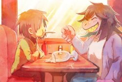 1girl 1other artist_name black_hair black_pants blue_pants blush booth_seating closed_eyes colored_skin commentary_request deltarune diner eating food french_fries furry furry_female glass green_sweater highres jacket ketchup_bottle kochi_(morimoriko24) kris_(deltarune) long_sleeves medium_hair mustard_bottle no_eyes pants purple_jacket purple_skin sharp_teeth shirt sitting smile spill susie_(deltarune) sweater table teeth white_shirt