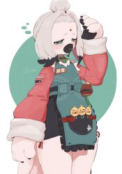 1girl :&lt; blush cairn_(zenless_zone_zero) chinese_clothes claws commentary_request dog_girl facial_mark forehead_mark furry furry_female green_eyes grey_hair highres long_sleeves orange_pupils pelvic_curtain simple_background sme4 solo topknot twitter_username two-tone_background zenless_zone_zero