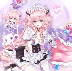 Rule 34 | 2girls, angel wings, apron, ayu9914570, black dress, blue eyes, breasts, cat, chinese commentary, cleavage, commentary request, crystal, drawn ears, drawn whiskers, dress, elf, elf elysia, elysia (honkai impact), elysia (miss pink) (honkai impact), elysia (miss pink elf) (honkai impact), face filter, fake horns, garter straps, gloves, halo, heart, highres, honkai (series), honkai impact 3rd, horns, looking at viewer, maid, maid apron, maid headdress, medium breasts, multiple girls, open mouth, pillow, pink hair, pointy ears, purple background, staff, star (symbol), thighhighs, thighs, white apron, white cat, white dress, white garter straps, white gloves, white thighhighs, wings