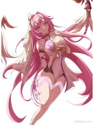 1girl bell black_shorts bleach_(182716350) chinese_commentary commentary_request corset diamond-shaped_pupils diamond_(shape) elysia_(herrscher_of_human:_ego)_(honkai_impact) elysia_(honkai_impact) gloves hand_on_own_chest highres honkai_(series) honkai_impact_3rd long_hair looking_at_viewer miyoushe_watermark pink_hair purple_eyes short_shorts shorts simple_background smile solo standing standing_on_one_leg symbol-shaped_pupils thigh_strap veil very_long_hair watermark white_background white_corset white_gloves white_veil