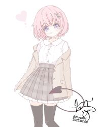 Rule 34 | 1girl, black thighhighs, chame (myyo04), choker, dated, demon tail, feet out of frame, flower, frilled skirt, frills, grey jacket, grey skirt, hair flower, hair ornament, head tilt, heart, jacket, momo velia deviluke, open clothes, open jacket, parted lips, pink hair, plaid clothes, plaid skirt, purple eyes, shirt, short hair, signature, simple background, skirt, solo, tail, thighhighs, to love-ru, to love-ru darkness, white background, white choker, white flower, white shirt, zettai ryouiki