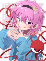 1girl :q adapted_costume ahoge blue_cardigan blush buttons cardigan commentary hair_between_eyes heart heart_button heart_of_string highres interlocked_fingers komeiji_satori looking_at_viewer outline own_hands_together pink_eyes pink_hair short_hair signature smile soesoe300 solo third_eye tongue tongue_out touhou upper_body white_outline