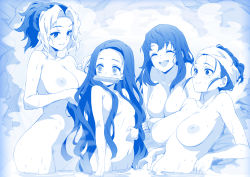 4girls bath bathing bit_gag blue_theme blush breasts collarbone forehead gag highres hinatsuru_(kimetsu_no_yaiba) kamado_nezuko kimetsu_no_yaiba large_breasts long_hair makio_(kimetsu_no_yaiba) monochrome multiple_girls navel nipples nude onsen open_mouth parted_bangs short_hair small_breasts smile suma_(kimetsu_no_yaiba) water wet whoosaku