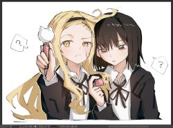 2girls ? art_program_in_frame black_border black_hairband black_jacket blonde_hair border brown_eyes brown_hair collared_shirt cropped_torso hairband hashtag-only_commentary holding jacket kirarazaka_marina kuze_shizuka long_hair long_sleeves multiple_girls neck_ribbon pann_(1202zzzx00) ribbon scar scar_on_face school_uniform shirt simple_background sound_effects spoken_question_mark takopii takopii_no_genzai white_background white_shirt yellow_eyes