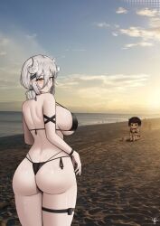 Rule 34 | 2girls, absurdres, arm strap, ass, ass freckles, back, back freckles, beach, bikini, black bikini, blush, body freckles, breast freckles, breasts, brown hair, butt crack, closed mouth, cloud, commentary, curled horns, dimples of venus, double-parted bangs, ear piercing, english commentary, freckles, from behind, hair between eyes, hair ornament, hair tie, hairclip, highres, horns, large breasts, long hair between eyes, looking at viewer, looking back, mako (yukaraishin), median furrow, multiple girls, ocean, original, outdoors, parallel hairclips, photo background, piercing, ringed eyes, sand, short hair, side-tie bikini bottom, sideboob, signature, sky, solo focus, sunrise, swimsuit, thigh strap, thong bikini, white hair, white horns, wristband, yellow eyes, yuka (yukaraishin), yukaraishin