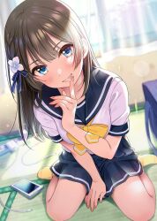 1girl bag blue_eyes bow bowtie brown_hair cover cover_page curtains finger_to_mouth flower full_body grin hair_flower hair_ornament handbag head_tilt highres indoors kanojo_no_imouto_to_kiss_wo_shita long_hair novel_cover official_art pink_nails pleated_skirt pov sailor_collar sailor_shirt satou_shigure school_uniform second-party_source shirt sitting skirt smile solo tatami tsukana_(saba_mizore) wariza