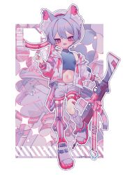 1boy animal_ear_fluff animal_ear_piercing belt black_shirt blush bright_pupils commentary crop_top cross-shaped_pupils double-parted_bangs extra_ears fang full_body grey_hair grey_hat gun hair_between_eyes hair_intakes hand_up hat hat_belt highres holding holding_gun holding_weapon jacket leg_up leg_warmers male_focus navel open_clothes open_jacket open_mouth original ozureiji red_belt red_eyes red_nails red_thighhighs ribbed_leg_warmers rifle shirt shoes short_hair shorts single_leg_warmer single_thighhigh skin_fang sleeveless sleeveless_shirt solo striped_clothes striped_thighhighs symbol-only_commentary symbol-shaped_pupils thighhighs tsurime vertical-striped_clothes vertical-striped_thighhighs weapon white_jacket white_leg_warmers white_pupils white_shoes white_shorts white_thighhighs