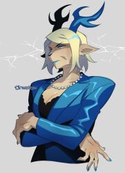 1girl animal_ears antlers blonde_hair blue_lips blue_nails breasts carol_holiday cleavage cropped_torso crossed_arms deer_antlers deer_ears deer_girl deltarune furry furry_female glaring grey_background highres horns jewelry mature_female necklace pearl_necklace rasstegai reindeer_antlers reindeer_girl short_hair simple_background solo upper_body
