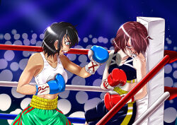 2girls blood blood_on_face boxing boxing_gloves boxing_ring catfight k.o. multiple_girls santos short_hair tagme