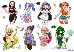 6+girls :d adjusting_eyewear ahoge apron arms_up backpack bag banana barefoot black_dress black_eyes black_nails blonde_hair blue_eyes blue_hair blue_nails blue_shirt book bow bracelet brand_name_imitation breasts brown_hair brown_pantyhose can candy cleavage cleavage_cutout closed_eyes clothing_cutout colored_skin dark-skinned_female dark_skin denim denim_shorts dress drink_can flower food food-themed_hair_ornament fruit garter_belt green_eyes green_hair green_one-piece_swimsuit green_pants green_skin grey_jacket hair_bow hair_bun hair_flower hair_ornament hand_on_own_hip handbag highres holding holding_book holding_candy holding_food holding_lollipop holding_tray id_card jacket jewelry kimsoing lifting_own_clothes lollipop long_hair long_sleeves maid maid_apron maid_headdress medium_breasts multiple_girls navel notebook one-piece_swimsuit open_mouth orange_hair orange_shirt orb oreo original own_hands_together pants pantyhose personification pink_hair pink_skirt pleated_skirt purple_shirt red_eyes red_thighhighs seaweed shirt short_hair short_shorts short_sleeves short_twintails shorts sidelocks skirt small_breasts smile soda_can spoken_food sports_bra standing strawberry strawberry_hair_ornament sushi swimsuit t-shirt tan thighhighs tray twintails wading wet white_thighhighs yellow_sports_bra