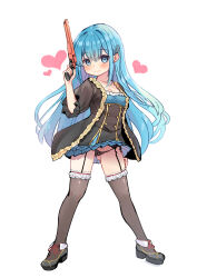 1girl absurdres arm_up black_jacket black_panties black_shoes black_thighhighs blue_dress blue_eyes blue_hair breasts cleavage clothes_lift commentary_request dress frilled_dress frilled_jacket frills garter_belt garter_straps gun hair_ornament hairclip hand_up heart_sticker highres holding holding_gun holding_weapon jacket long_hair looking_at_viewer mist_train_girls open_clothes open_jacket pancras_(mist_train_girls) panties pleated_dress puffy_short_sleeves puffy_sleeves shoes short_sleeves smile solo standing tenjou_ryuka thighhighs underwear weapon