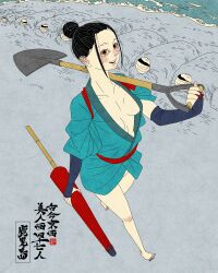 1girl absurdres aqua_kimono artist_logo barefoot beach black_hair breasts cleavage collarbone full_body hair_bun highres holding holding_shovel holding_umbrella japanese_clothes kagoshima_prefecture kimono logo original sei5osuzuki shovel solo_focus umbrella walking water