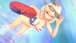 1girl 3d american_flag american_flag_bikini american_flag_print bikini blonde_hair blue_eyes braid breasts cleavage colorado_(kancolle) commentary_request dutch_angle enemy_lifebuoy_(kancolle) eyewear_on_head female_focus flag_print flag_print_bikini garrison_cap hat headgear highres innertube kantai_collection large_breasts multicolored_background print_bikini short_hair side_braids smile solo stoic_(symbolic) sunglasses swim_ring swimsuit water