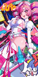 2girls absurdres ass belt blood blood_from_mouth blue_hair blush boots breasts buro_(muse_dash) cleavage dress drill_hair elbow_gloves glasses gloves hat highres large_breasts long_hair looking_at_viewer marija_(muse_dash) microdress multiple_girls muse_dash nurse nurse_cap open_mouth pill pink_dress pink_eyes pink_hair pointy_ears polka_dot polka_dot_background puffy_short_sleeves puffy_sleeves round_eyewear short_sleeves shrug_(clothing) smile solo spoken_character suisen_(suisenhwa) syringe thick_thighs thigh_boots thighs twin_drills white_belt white_boots white_dress white_gloves white_hat white_shrug white_wrist_cuffs wrist_cuffs