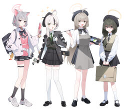 4girls absurdres ahoge animal_ears ankle_socks apron bag black_bag black_bow black_choker black_hat black_jacket black_necktie black_shoes black_skirt black_socks blue_archive blush bow brown_bag brown_hair brown_vest bullpup cat_choker cat_ears cat_girl cellphone choker closed_mouth diagonal-striped_bow diagonal-striped_clothes diagonal-striped_necktie dong_ji gloves green_eyes green_hair green_necktie grey_apron grey_eyes grey_hair gun hair_between_eyes hair_over_eyes hair_over_shoulder hand_in_pocket handgun hat highres holding holding_bag holding_brush holding_gun holding_paint_palette holding_phone holding_weapon jacket long_hair looking_at_viewer multicolored_hair multiple_girls necktie open_mouth original p90 paint_palette phone pink_shirt plaid_clothes plaid_skirt plaid_vest pleated_skirt shaded_face shirt shoes sidelocks skirt smartphone smile socks striped_clothes submachine_gun thighhighs two-tone_hair vest weapon white_gloves white_hair white_jacket white_shirt white_shoes white_thighhighs