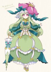 Rule 34 | alternate color, crown, dress, frills, gen 5 pokemon, green dress, green hair, hat, highres, lilligant, nintendo, parasol, personification, pink eyes, pink hat, pink ribbon, pokemon, ribbon, shiny pokemon, tama gizin29, umbrella