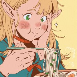 1girl :t amber389 arm_up blonde_hair blue_cape blush bowl cape chewing chopped_spring_onion chopsticks dungeon_meshi eating egg_(food) elf food green_eyes hair_behind_ear holding holding_chopsticks long_pointy_ears long_sleeves looking_at_food marcille_donato noodles pointy_ears ramen red_ribbon ribbon smile solo sparkle upper_body yellow_background