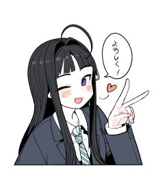 1girl ahoge awa_subaru black_hair blazer blunt_bangs blush_stickers collared_shirt cropped_torso girls_band_cry hair_intakes heart highres jacket long_hair looking_at_viewer necktie one_eye_closed open_mouth purple_eyes school_uniform shirt smile solo striped_necktie wujurana