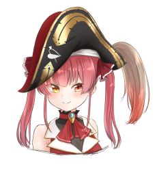 1girl bicorne breasts brooch cake506 cleavage cropped_torso hair_ribbon hat heart heterochromia highres hololive houshou_marine jewelry long_hair looking_at_viewer red_eyes red_hair red_neckwear red_vest ribbon see-through_clothes see-through_cleavage simple_background sleeveless solo twintails upper_body vest virtual_youtuber white_background yellow_eyes