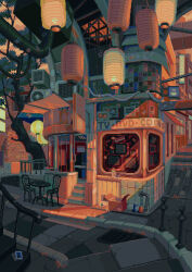 air_conditioner box building cardboard_box chair city commentary crt drain_(object) english_commentary evening lantern no_humans original outdoors paper_lantern pixel_art scenery shop sign table tree waneella