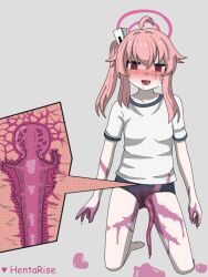 Rule 34 | 1girl, blue archive, blue buruma, buruma, buruma aside, clothing aside, cross-section, gym shirt, gym uniform, hentarise, highres, mind break, mind control, natsu (blue archive), parasite, parasite futa, pink hair, school uniform, self-upload, shirt, short sleeves, tentacle penis, tentacles, uterus, white shirt