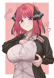 1girl absurdres adjusting_breasts black_jacket border breasts butterfly_hair_ornament closed_mouth collared_shirt commentary_request go-toubun_no_hanayome grabbing_own_breast hair_ornament highres jacket large_tail long_sleeves marimo_625 medium_hair nakano_nino outside_border pink_background pink_hair purple_eyes school_uniform shirt solo sound_effects tail upper_body white_border white_shirt