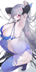 1girl absurdres armpits arms_behind_head arms_up blush breasts butt_crack cleavage elbow_gloves genshin_impact gloves grey_hair highres large_breasts lingerie long_hair looking_at_viewer miychi patreon_username skirk_(genshin_impact) solo thighhighs thighs underwear very_long_hair white_background