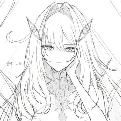 1girl 41_tr extra_eyes eye_hair_ornament eye_symbol genshin_impact hair_intakes highres lineart looking_at_viewer ronova_(genshin_impact) side_ahoge simple_background solo symbol-shaped_pupils too_many_eyes twitter_username upper_body white_background