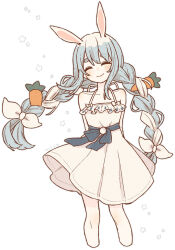 1girl ^_^ alternate_costume animal_ears animal_print arms_behind_back artist_name bare_legs bare_shoulders blue_hair blue_ribbon blush bow braid carrot carrot_hair_ornament closed_eyes closed_mouth dress feet_out_of_frame food-themed_hair_ornament hair_ornament highres hololive long_hair multicolored_hair rabbit_ears rabbit_girl rabbit_print ribbon short_eyebrows simple_background smile solo standing star_(symbol) thick_eyebrows traum38 twin_braids twintails two-tone_hair usada_pekora virtual_youtuber white_background white_bow white_dress white_hair wind wind_lift